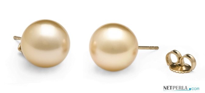 14k Gold Golden South Sea Pearl Stud Earrings 10-11 mm AAA