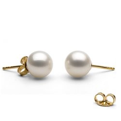 14k Gold Freshwater Pearl Stud Earrings white 8-9 mm round AAA
