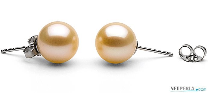 14k Gold Freshwater Pearl Stud Earrings 10-11 mm round AAA Pink to Peach