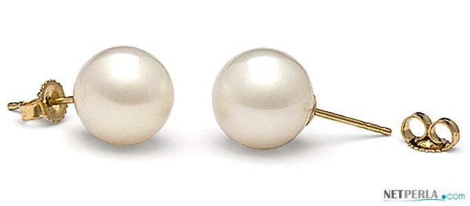 14k Gold Freshwater Pearl Stud Earrings white 10-11 mm round AAA