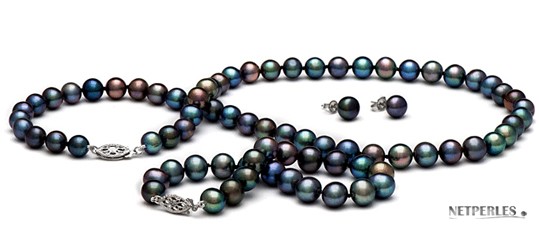 3-Piece Black Freshwater Pearl Set 18-7 Inch 6-7 mm