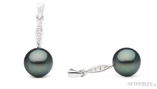 Black Tahitian Pearls on Silver Dangle Earrings with Diamonds