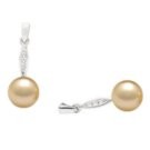 Golden South Sea Pearls on Silver Dangle Earrings with Diamonds