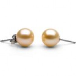 14k Gold Freshwater Pearl Stud Earrings 9-10 mm round AAA Pink to Peach