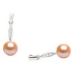 Silver Pink Peach Freshwater Pearl Dangle Earrings with Diamonds